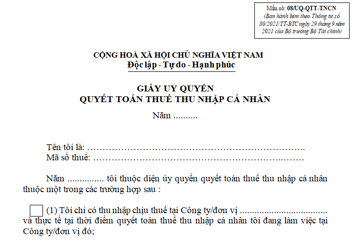 Mẫu giấy uỷ quyền quyết toán thuế thu nhập cá nhân 