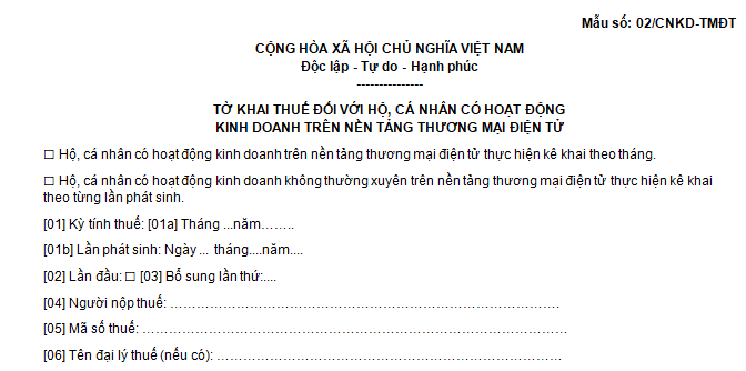 Mẫu tờ khai thuế đối với cá nhân kinh doanh trên nền tảng thương mại điện tử