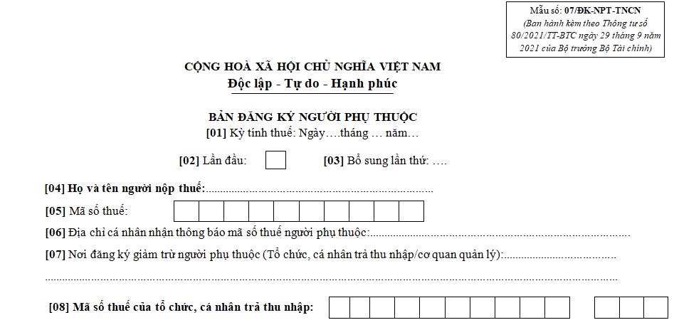Mẫu bản đăng ký người phụ thuộc mới nhất 2025