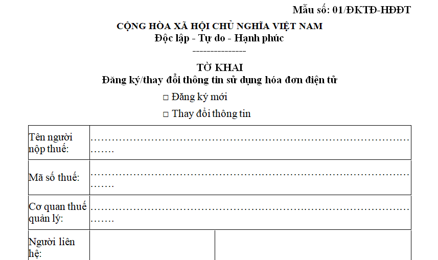 Mẫu tờ khai đăng ký sử dụng hóa đơn điện tử theo mẫu Mẫu số 01/ĐKTĐ-HĐĐT Phụ lục IA ban hành kèm theo Nghị định 70/2025/NĐ-CP 