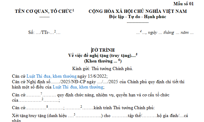 Mẫu tờ trình đề nghị khen thưởng mới nhất 2025