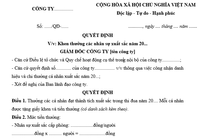 Mẫu quyết định khen thưởng nhân viên xuất sắc cuối năm là mẫu nào?