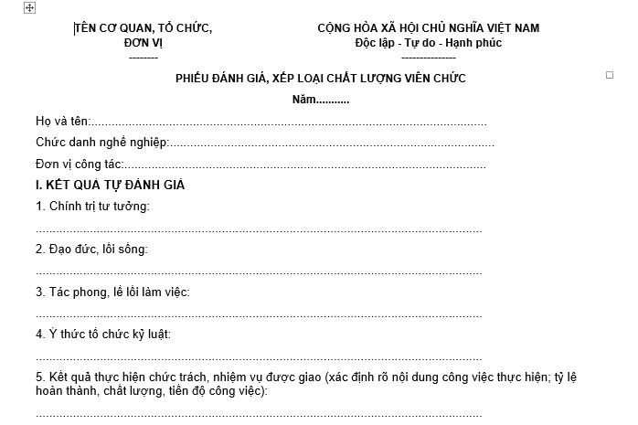 Mẫu phiếu đánh giá xếp loại chất lượng viên chức năm 2025 là mẫu nào?