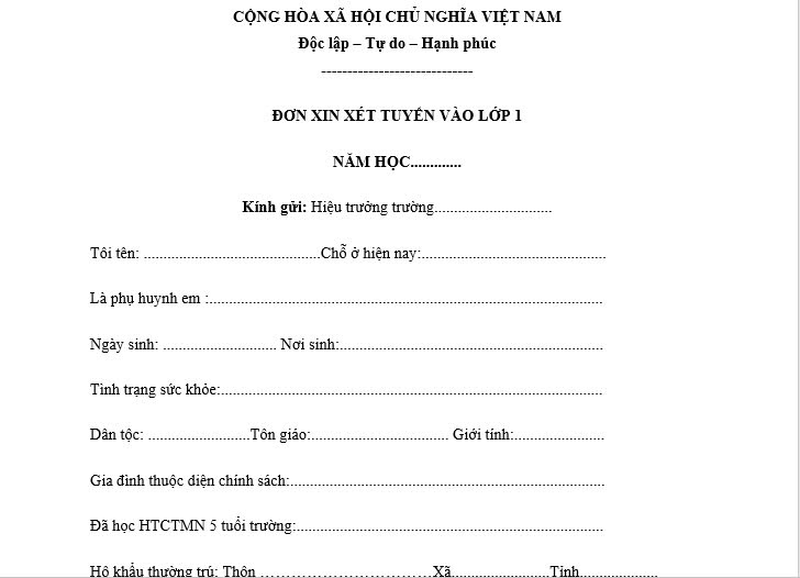 Mẫu đơn xin nhập học lớp 1 đúng tuyến, trái tuyến mới nhất 2025?