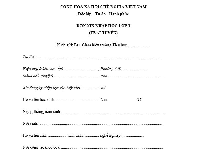 Mẫu đơn xin nhập học lớp 1 đúng tuyến, trái tuyến mới nhất 2025?