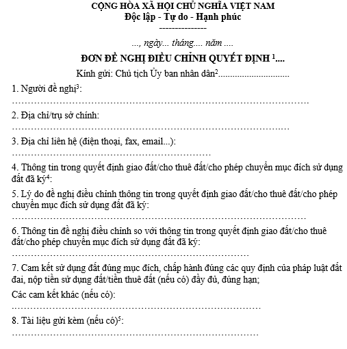 Mẫu đơn đề nghị điều chỉnh quyết định giao đất/cho thuê đất/cho phép chuyển mục đích sử dụng đất