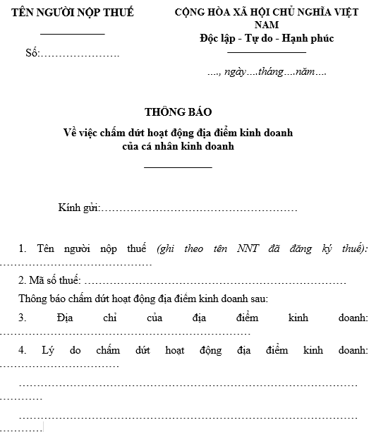 Mẫu thông báo về việc chấm dứt hoạt động địa điểm kinh doanh của cá nhân kinh doanh (Mẫu số 24.1/ĐK-TCT ban hành kèm theo Thông tư 86/2024/TT-BTC)