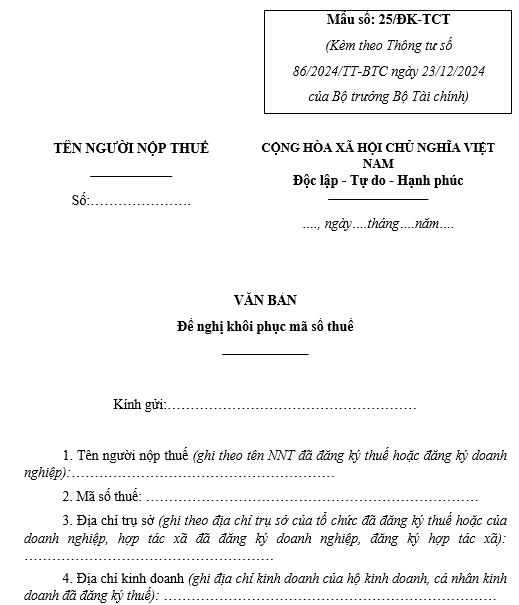 Mẫu Đề nghị khôi phục mã số thuế