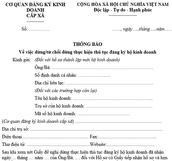 Mẫu Thông báo về việc dừng/từ chối dừng thực hiện thủ tục đăng ký hộ kinh doanh