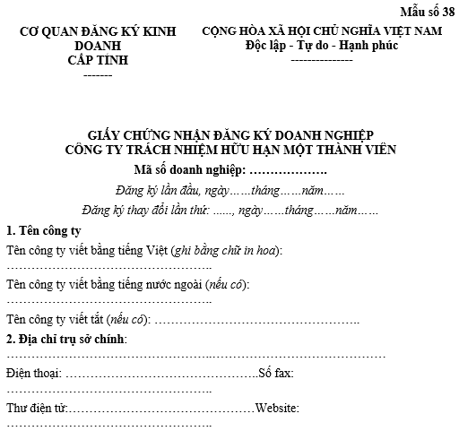 Giấy chứng nhận đăng ký doanh nghiệp Công ty trách nhiệm hữu hạn một thành viên
