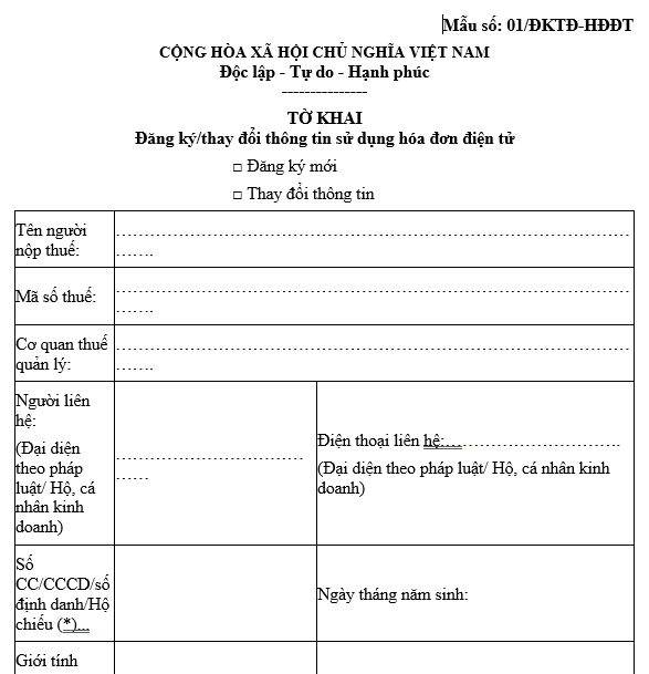 Mẫu tờ khai đăng ký/thay đổi thông tin sử dụng hóa đơn điện tử (Mẫu số 01/ĐKTĐ-HĐĐT kèm theo Nghị định 70/2025/NĐ-CP)