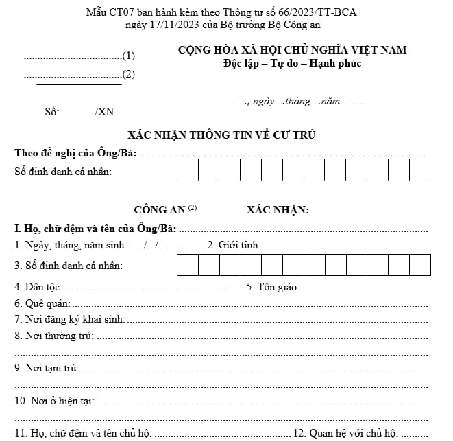 Mẫu Giấy xác nhận thông tin cư trú
