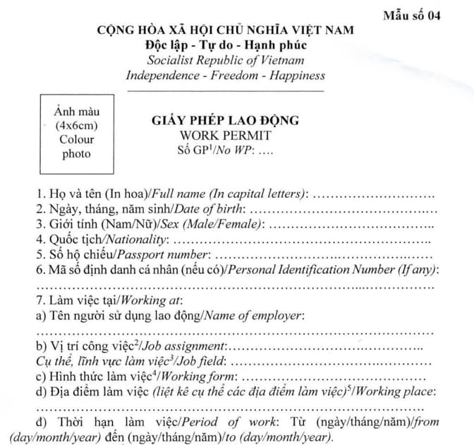Mẫu Giấy phép lao động mới nhất