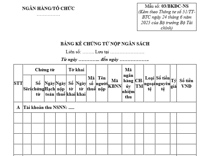 Mẫu Bảng kê chứng từ nộp ngân sách nhà nước