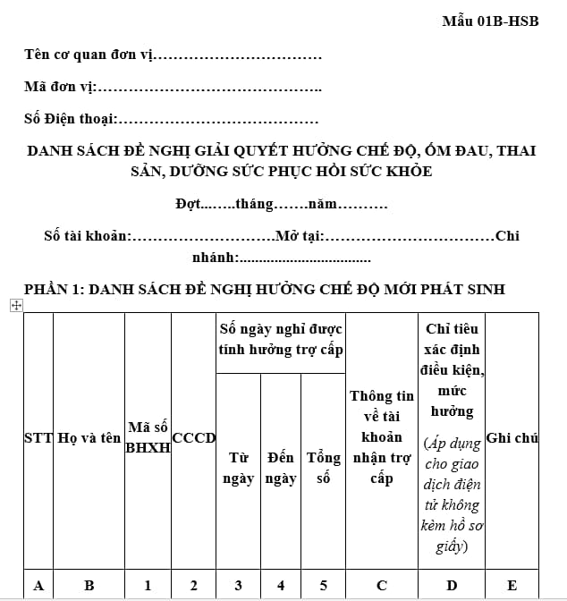 Mẫu Danh sách đề nghị hưởng chế độ ốm đau, thai sản