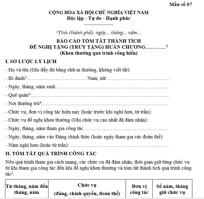 Mẫu Báo cáo thành tích đề nghị khen thưởng quá trình cống hiến