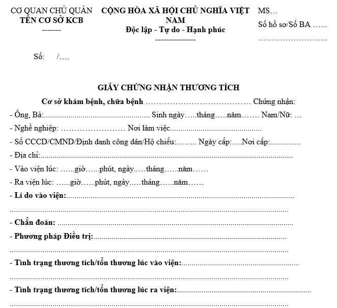 Mẫu giấy chứng nhận thương tích mới nhất 2025 (Mẫu số 01 Phụ lục II Thông tư 25/2025/TT-BYT)