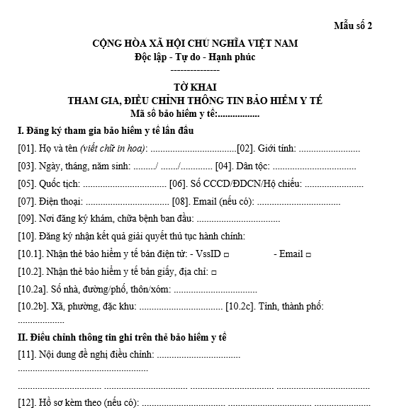Mẫu Tờ khai tham gia, điều chỉnh thông tin bảo hiểm y tế
