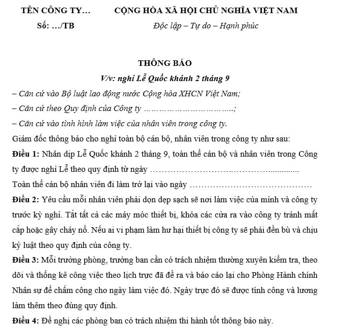 Mẫu Thông báo nghỉ Lễ Quốc khánh 2 9 năm 2025