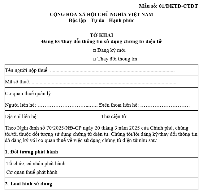 Mẫu 01/ĐKTĐ-CTĐT Phụ lục IA ban hành kèm theo Nghị định 70/2025/NĐ-CP