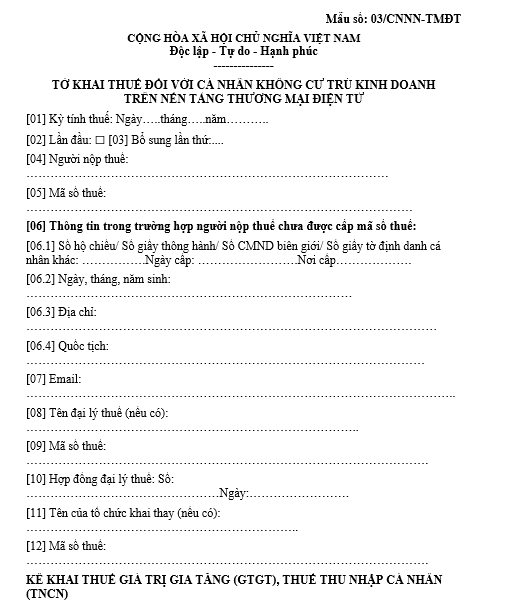 Mẫu tờ khai thuế đối với cá nhân không cư trú kinh doanh trên nền tảng thương mại điện tử