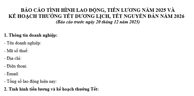 Mẫu kế hoạch thưởng Tết 2026