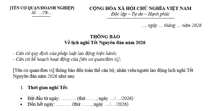 mẫu thông báo lịch nghỉ Tết Nguyên đán 2026