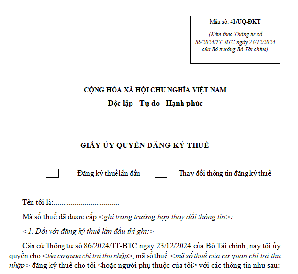 Mẫu ủy quyền đăng ký người phụ thuộc mới nhất 2026