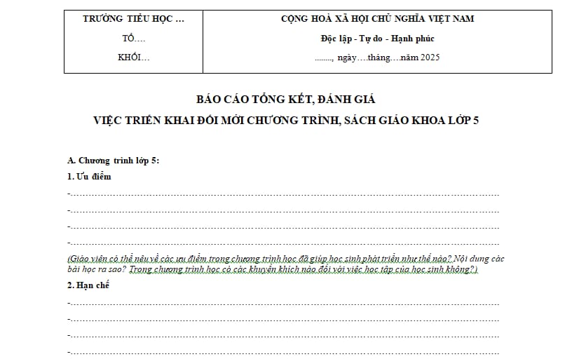 Mẫu báo cáo tổng kết đánh giá triển khai chương trình sách giáo khoa lớp 5