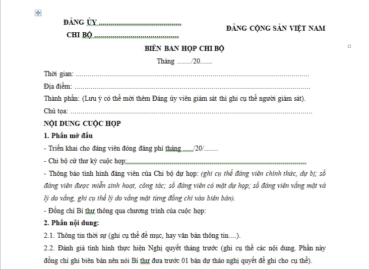 Mẫu biên bản họp chi bộ mới nhất hiện nay? Đảng viên có quyền chất vấn ...