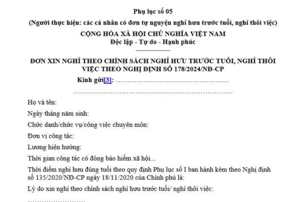 Đơn xin tự nguyện nghỉ hưu trước tuổi, nghỉ thôi việc