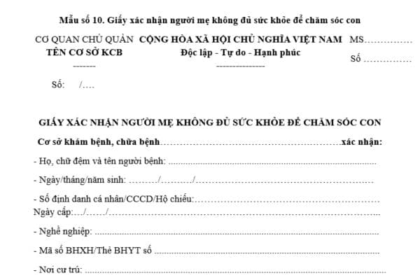 Giấy xác nhận người mẹ không đủ sức khỏe để chăm sóc con