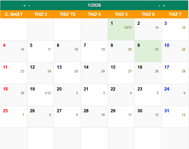 Lịch Vạn Niên tháng 1 năm 2026