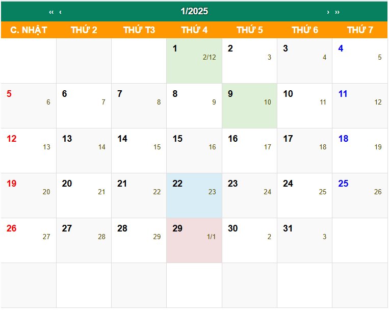 Lịch Vạn Niên tháng 1 năm 2025