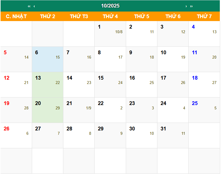 Lịch Vạn Niên tháng 10 năm 2025