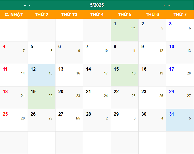 Lịch Vạn Niên tháng 5 năm 2025