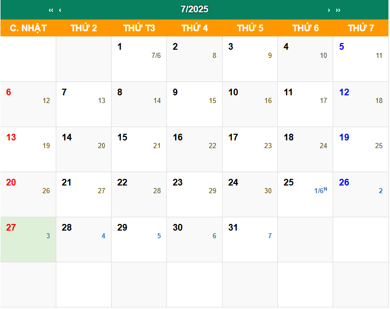 Lịch Vạn Niên tháng 7 năm 2025