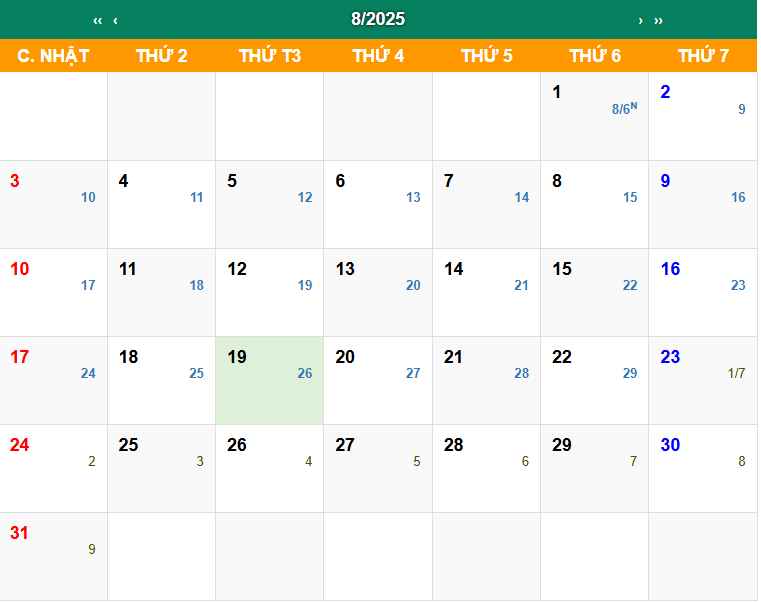 Lịch Vạn Niên tháng 8 năm 2025