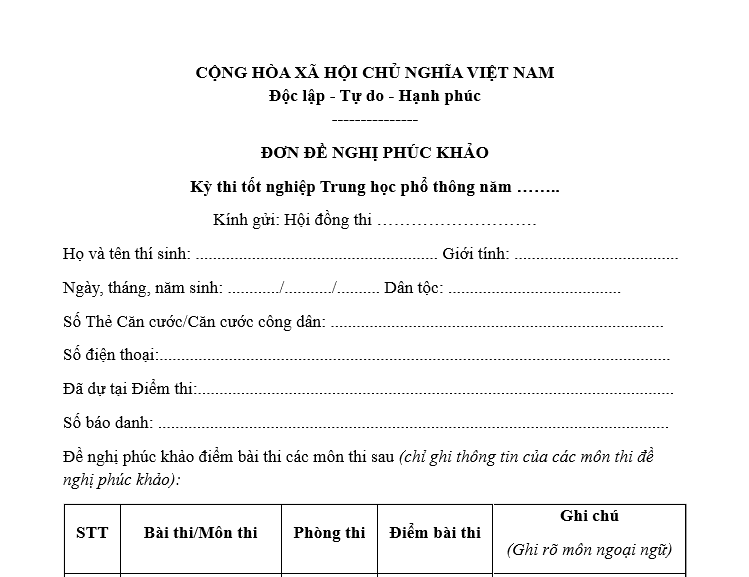 Mẫu Đơn đề nghị phúc khảo bài thi tốt nghiệp THPT