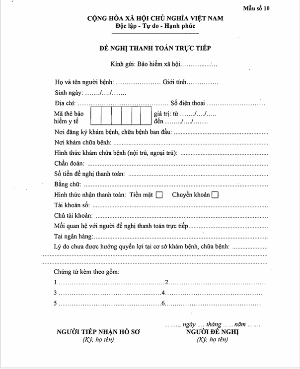 Mẫu đơn đề nghị thanh toán trực tiếp bảo hiểm y tế