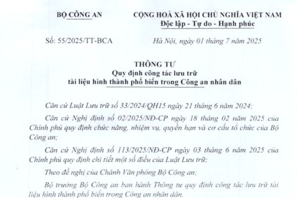 Thông tư 55/2025/TT-BCA quy định công tác lưu trữ tài liệu