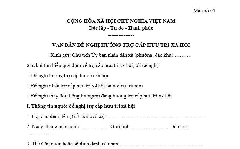 Văn bản đề nghị hưởng trợ cấp hưu trí xã hội