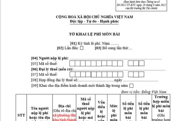 tờ khai lệ phí môn bài