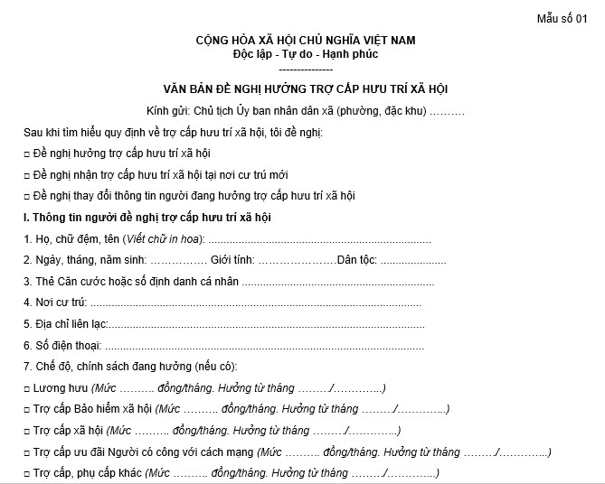 Văn bản đề nghị hưởng trợ cấp hưu trí xã hội