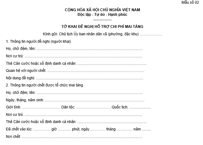 Tờ khai đề nghị hỗ trợ chi phí mai táng