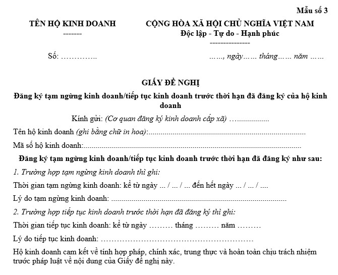 Mẫu giấy đề nghị đăng ký nghị tiếp tục kinh doanh trước thời hạn đã đăng ký của hộ kinh doanh 2025