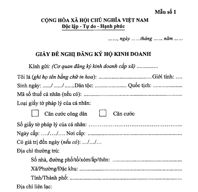 Mẫu Giấy đề nghị đăng ký hộ kinh doanh