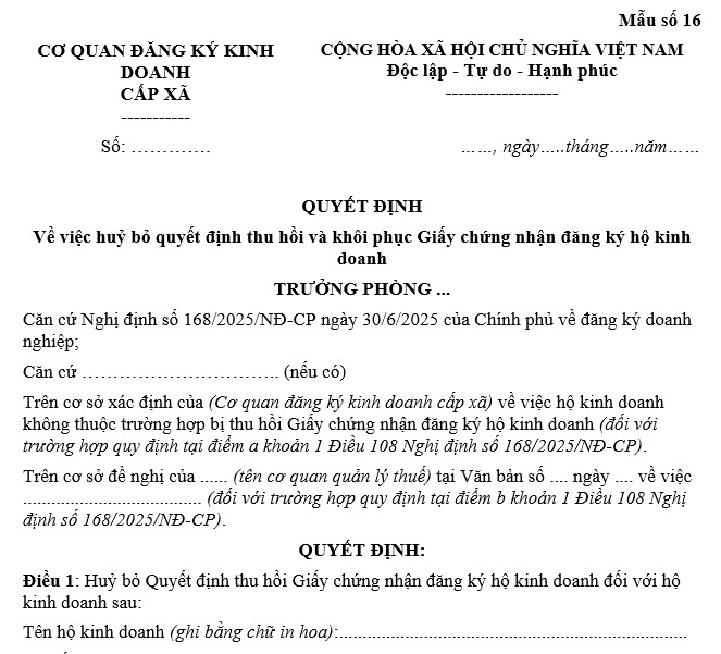 Mẫu Quyết định về việc huỷ bỏ quyết định thu hồi và khôi phục Giấy chứng nhận đăng ký hộ kinh doanh