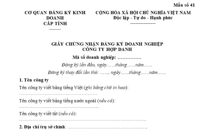 Mẫu giấy chứng nhận đăng ký doanh nghiệp Công ty hợp danh
