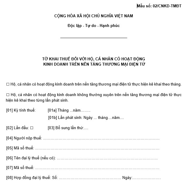 Mẫu tờ khai thuế hộ kinh doanh trên nền tảng thương mại điện tử 